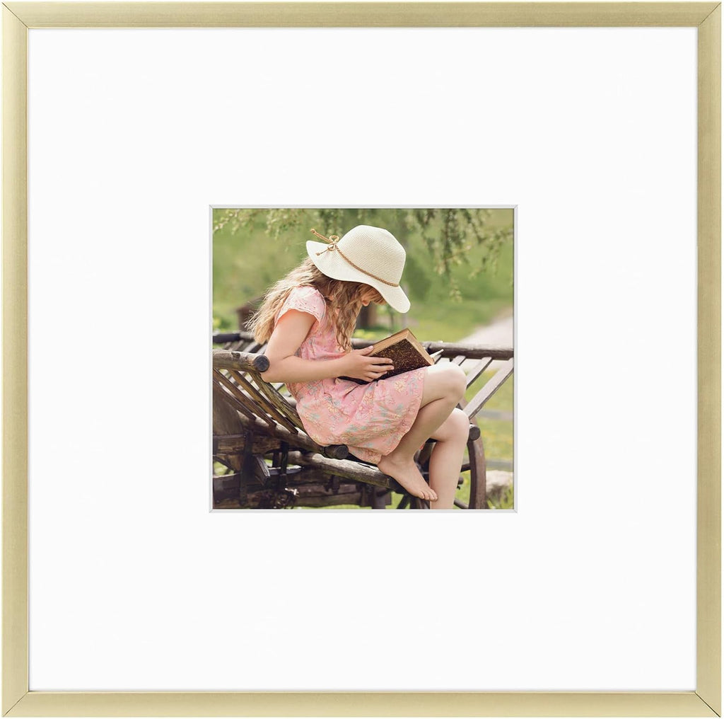 , 8X8 Aluminum Picture Frame - 8 X 8 Gold Frame with Removable Mat for 4 X 4 Photo - 8 by 8 Durable Metal Frame with Real Glass - Sawtooth Hanger for Easy Wall Display - 1 Pack