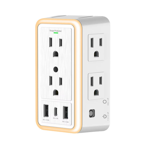 USB Wall Charger Surge Protector 6 Outlet Extender with 3 USB Charging Ports (1 USB C Outlet)And Night Light for Home, Office